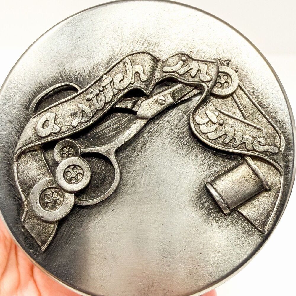 Vintage Metzke Pewter Lid Sewing Tin A Stitch in Time Trinket Box